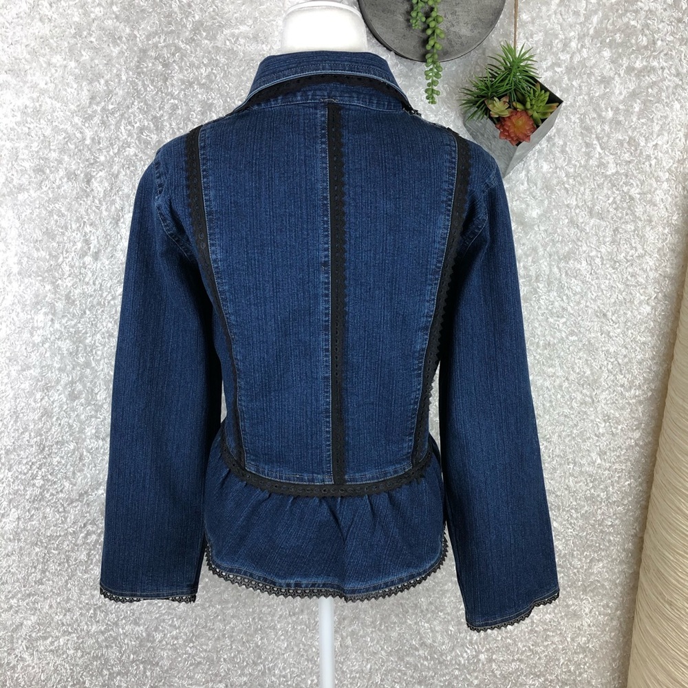 The Pyramid Collection Two-Tone Blue Denim Peplum Jacket with Ruffle Collar - Picture 2 of 9